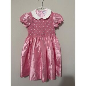 Rachel Riley London Taffeta Rosebud Smocked Dress Pink Girls 6Y Birthday Formal